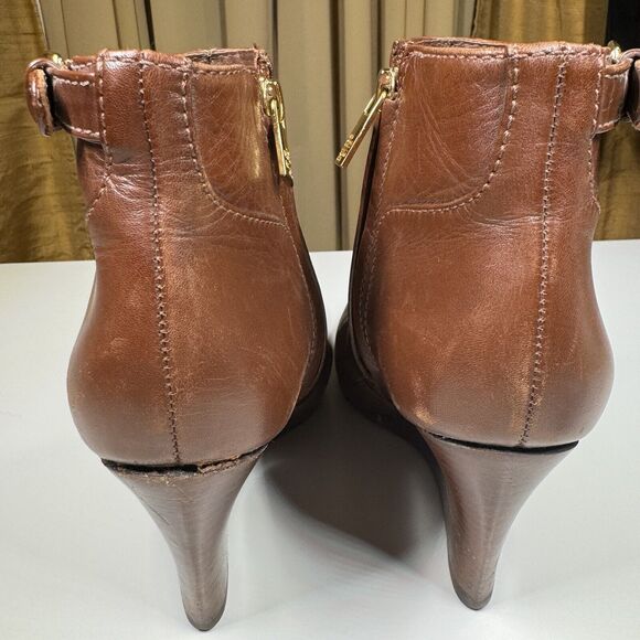 Tory Burch Milan Brown Leather Wedge Ankle Boots Size 6.5M Side Zip Logo Buckle - Picture 4 of 13